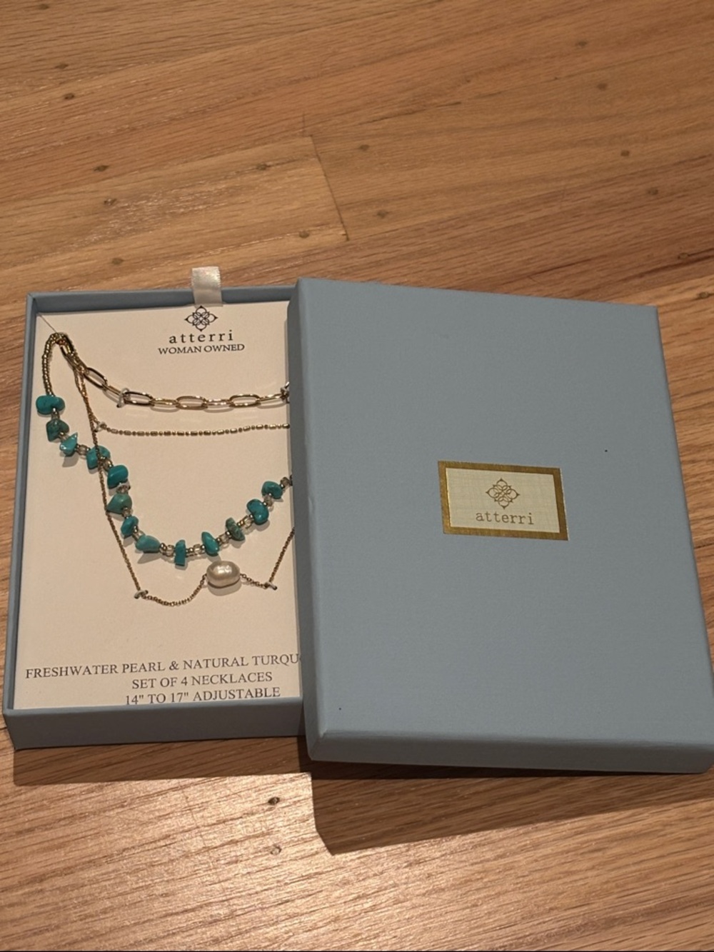 NIB Atterri gold, Turquoise & Freshwater Pearl Layered Necklace Set - Picture 2 of 8